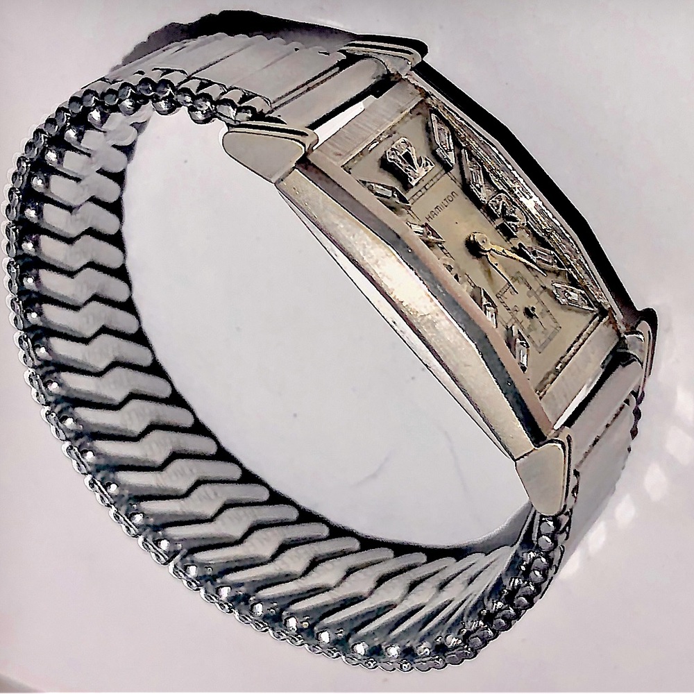 HAMILTON 1940’s 14k Art Deco Diamond Rectangular Tuxedo Watch White Gold - Picture 4 of 16